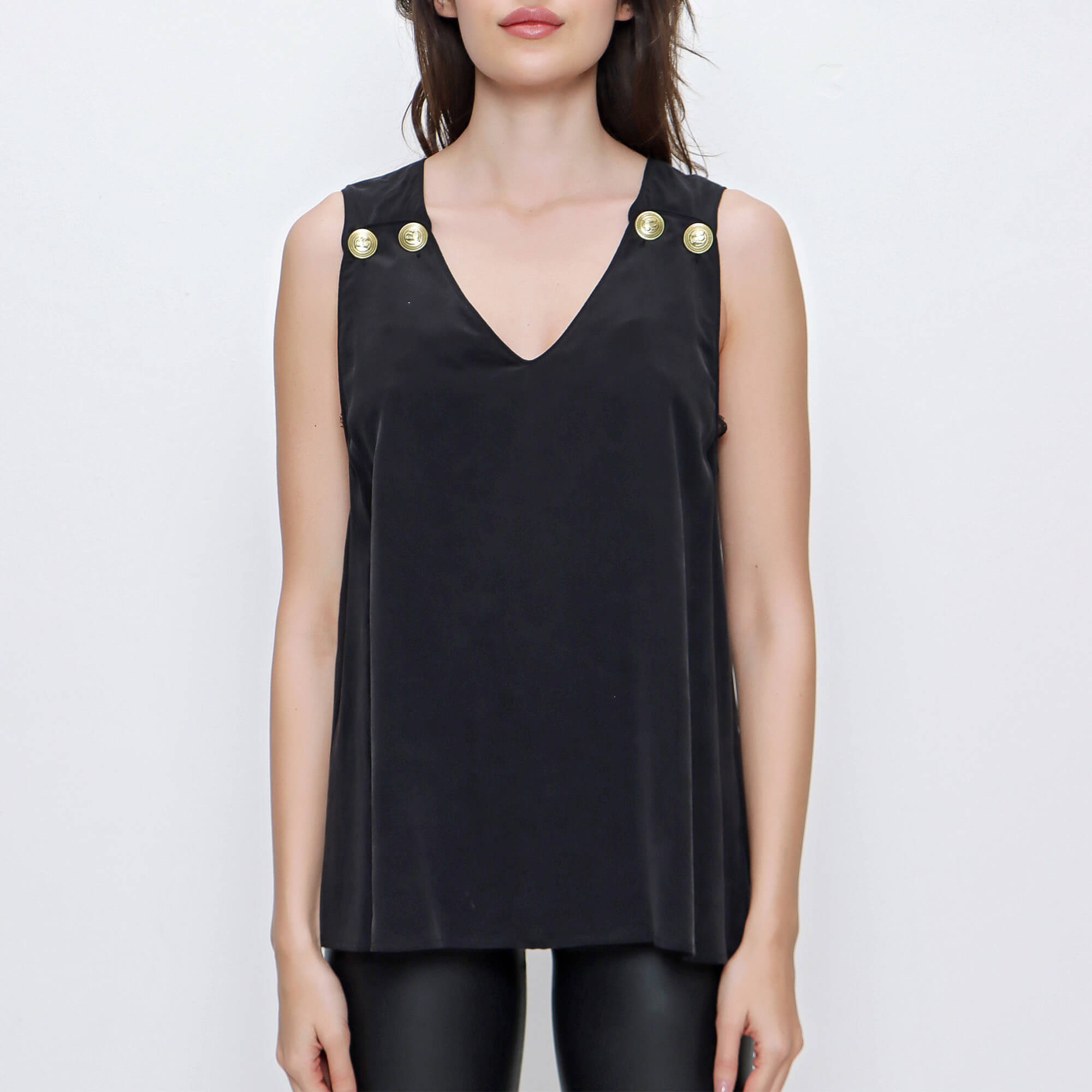 Balmain - Black Silk V Neck Sleeveless Blouse